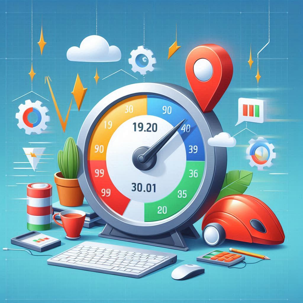 نمودار افزایش سرعت سایت، کاربر در حال انتظار برای بارگذاری، لپ‌تاپ با سایت سریع، علامت سرعت سنج، موبایل با وبسایت بهینه